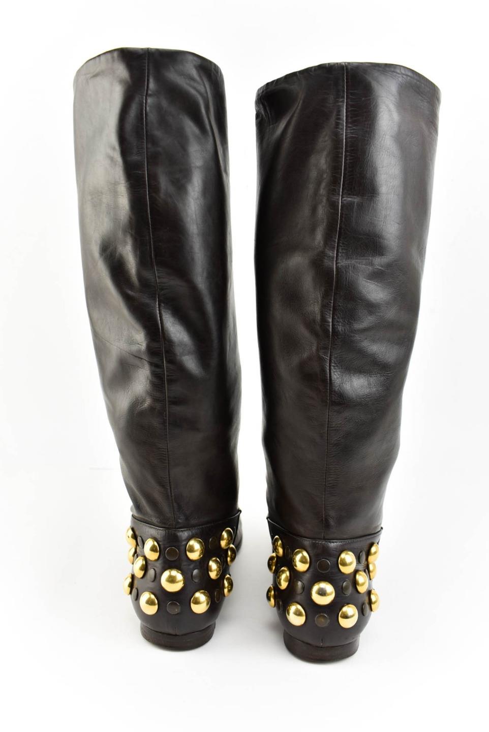 GUCCI Brown Leather & Gold Studded, Tall Moto Boots Sz 6