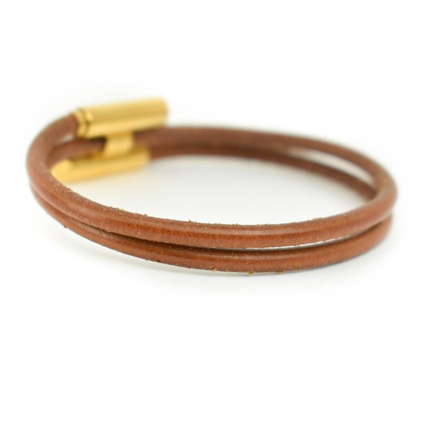 HERMES "Tournis Tresse": Brown, Leather & Gold "H" Logo Wrap Bracelet