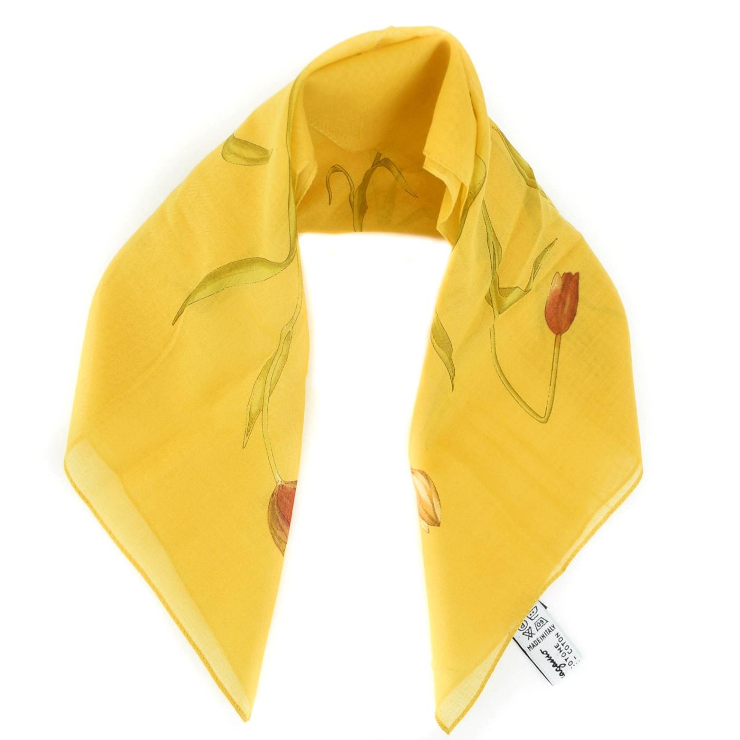 FERRAGAMO: Yellow Floral Logo Cotton Bag Scarf/Pocket Square