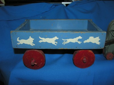vtg 1930s ;lg primitive wood donkey cart/wagon pull toy, folk