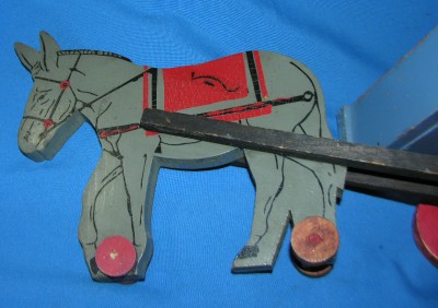 vtg 1930s ;lg primitive wood donkey cart/wagon pull toy, folk