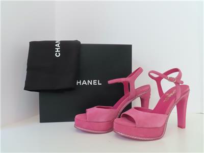 CHANEL★素敵!23S Fuchsia Suede Heeled Sandals EU38.5 NIB CHANEL 23S Fuchsia Suede Interlocking CC Heeled Sandals