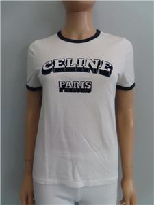 CELINE White/Flocked Navy Blue Paris 70s T-Shirt Size S | eBay
