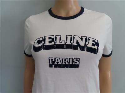 CELINE White/Flocked Navy Blue Paris 70s T-Shirt Size S | eBay