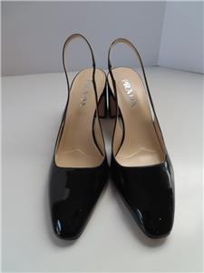 PRADA Black Patent Leather Almond Toe Block Heel Slingback Pumps