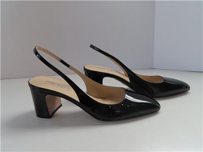 PRADA Black Patent Leather Almond Toe Block Heel Slingback Pumps