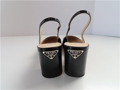 PRADA Black Patent Leather Almond Toe Block Heel Slingback