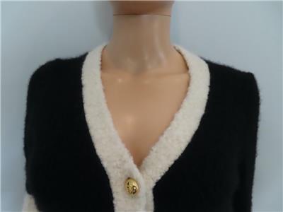 PRADA Black/Soft White Cashmere and Silk Cardigan Sweater 36/US 0