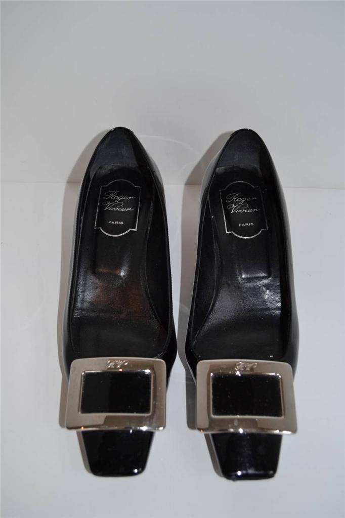 Roger Vivier Black Patent Leather w/Silver Buckle Low Heels/Shoes Size ...