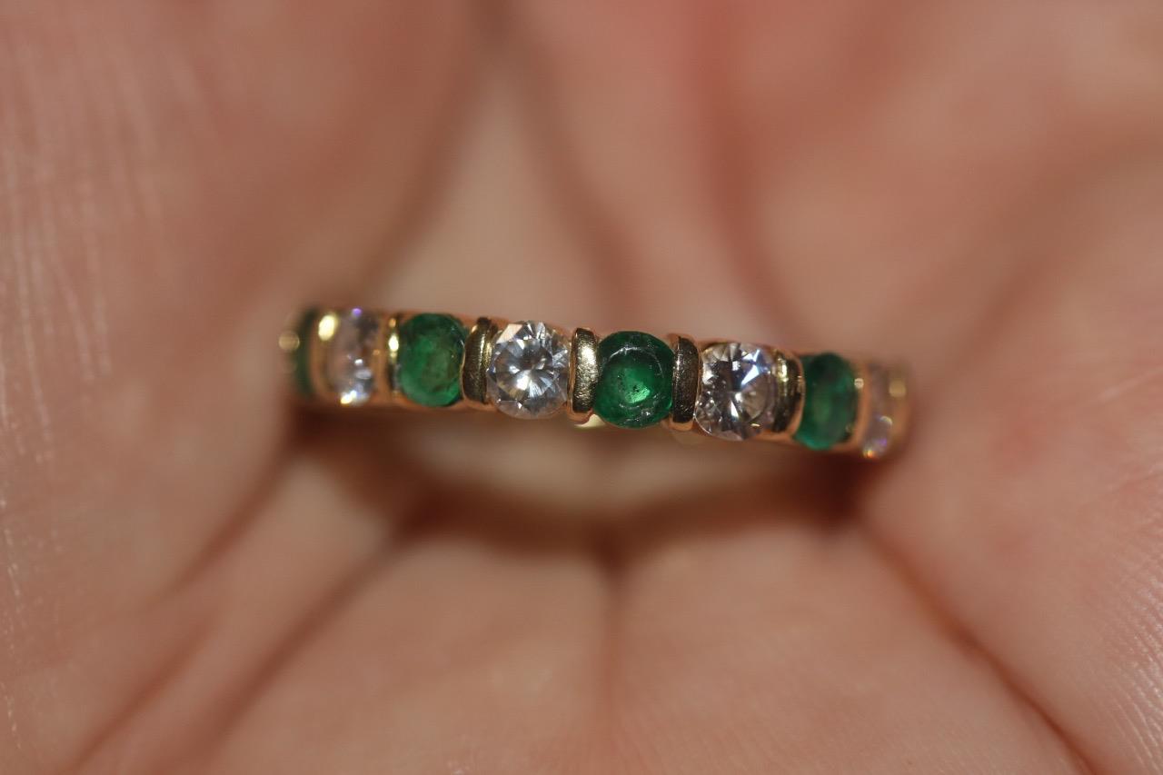 Fine 18K Yellow Gold Diamond Emerald Eternity Band Anniversary ring