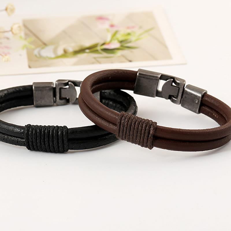 Mens Womens Black/BROWN Pu Leather Bracelet with waxed linen cord 7.5inch - Picture 3 of 4