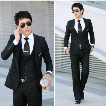 One button Men's slim black three-piece suit coat pants vest UK style ...