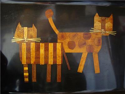 Large Mid Century Couroc of Monterey Tray w/ 2 Cats Inlaid Brass and