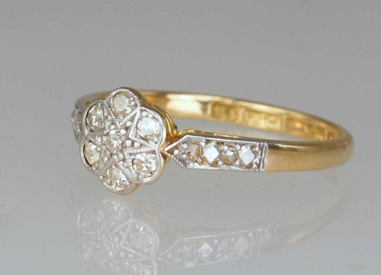 Antique 18ct Gold & Plat Diamond Edwardian Cluster Ring Vintage Daisy