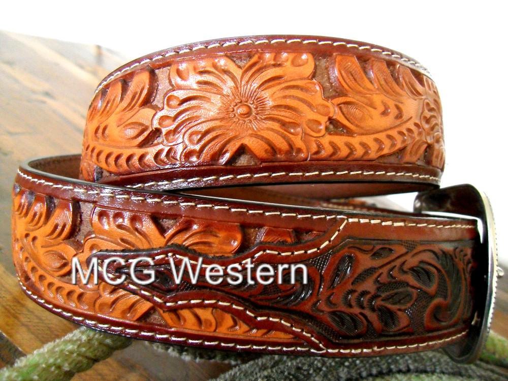 3D Western Mens Belt Leather Tooled Floral 7203 | eBay