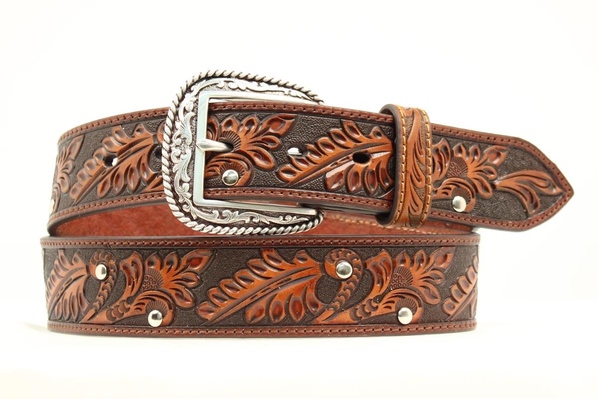 Ariat Western Leather Studded Accent Tooled Brown Mens Belt A1012202 | eBay