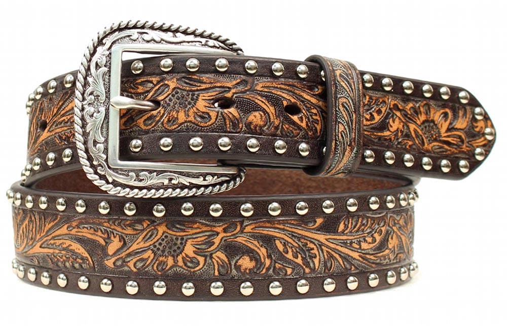 Ariat Western Mens Belt Leather Tooled Studs Floral Brown A1013402 | eBay