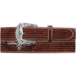 Justin Western Mens Belt Leather Trophy Bull Weave Longhorn