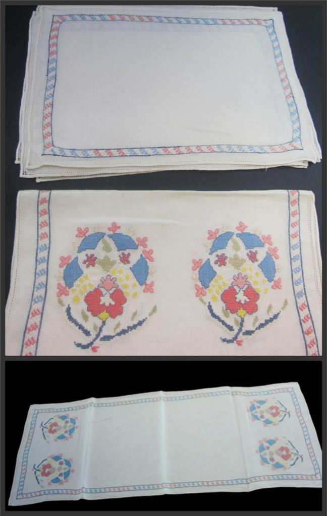 Cross Stitch Hand Embroider Vintage 7p Table Linen Set RUNNER ...