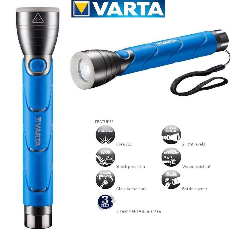 VARTA SPORTS LED TORCH 5W ALUMINIUM 2 X MODE FLASHLIGHT + BATTERIES