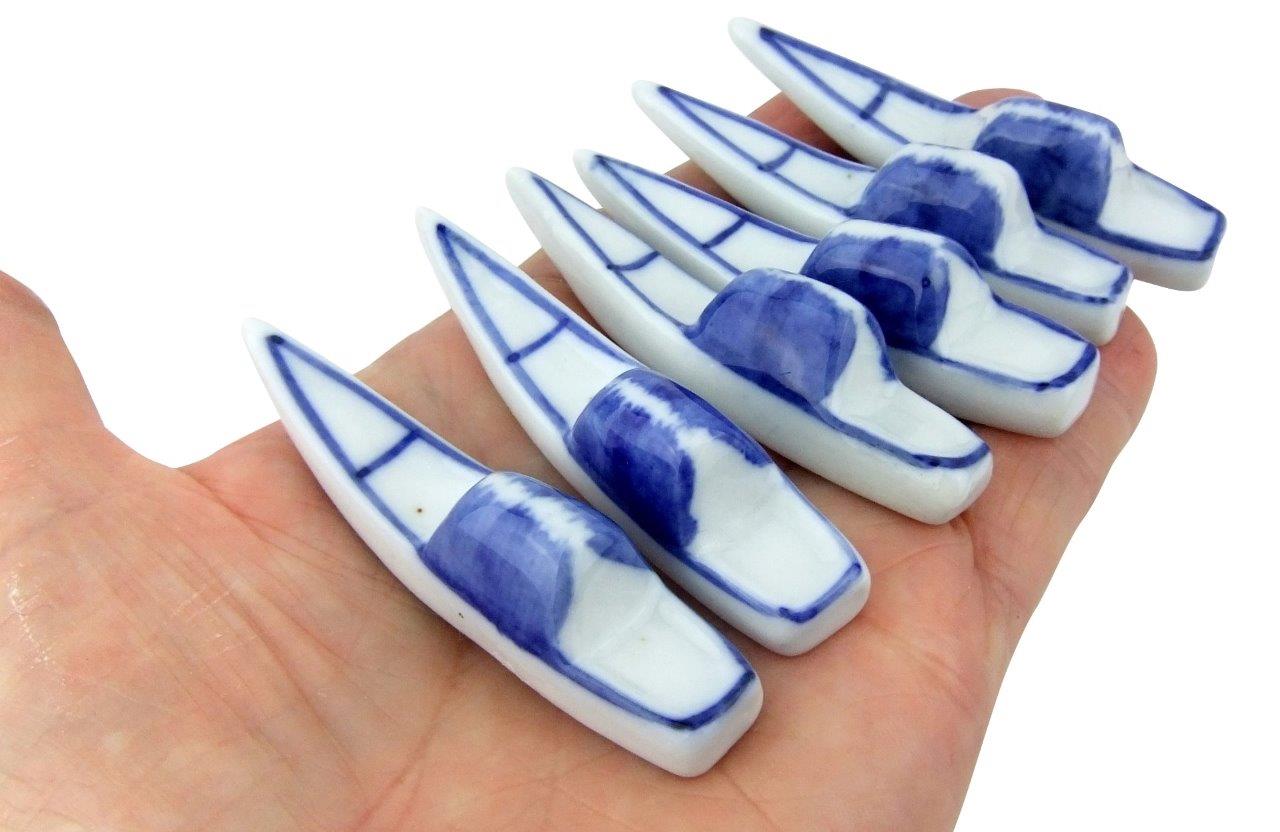 6 Vintage Japanese Sometsuke Chopstick Rests Blue Porcelain Boats