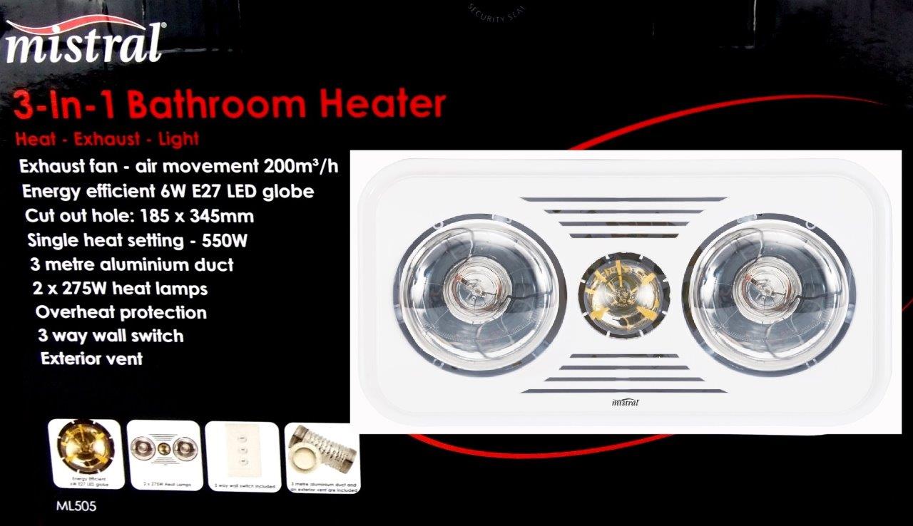 Mistral 3 in 1 Bathroom Heater Heat Exhaust Light 2x 257W Lamps 6W LED