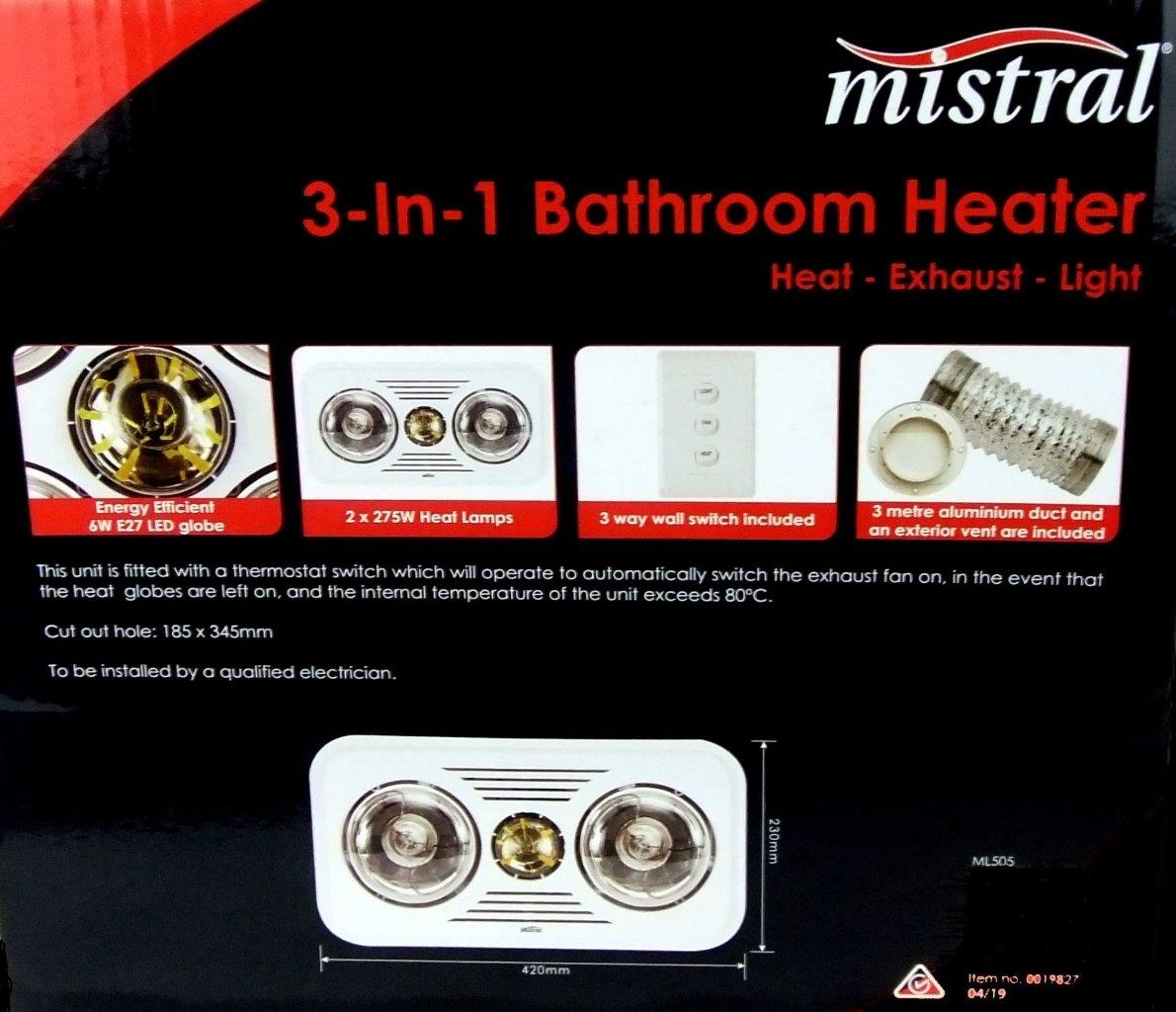 Mistral 3 in 1 Bathroom Heater Heat Exhaust Light 2x 257W Lamps 6W LED