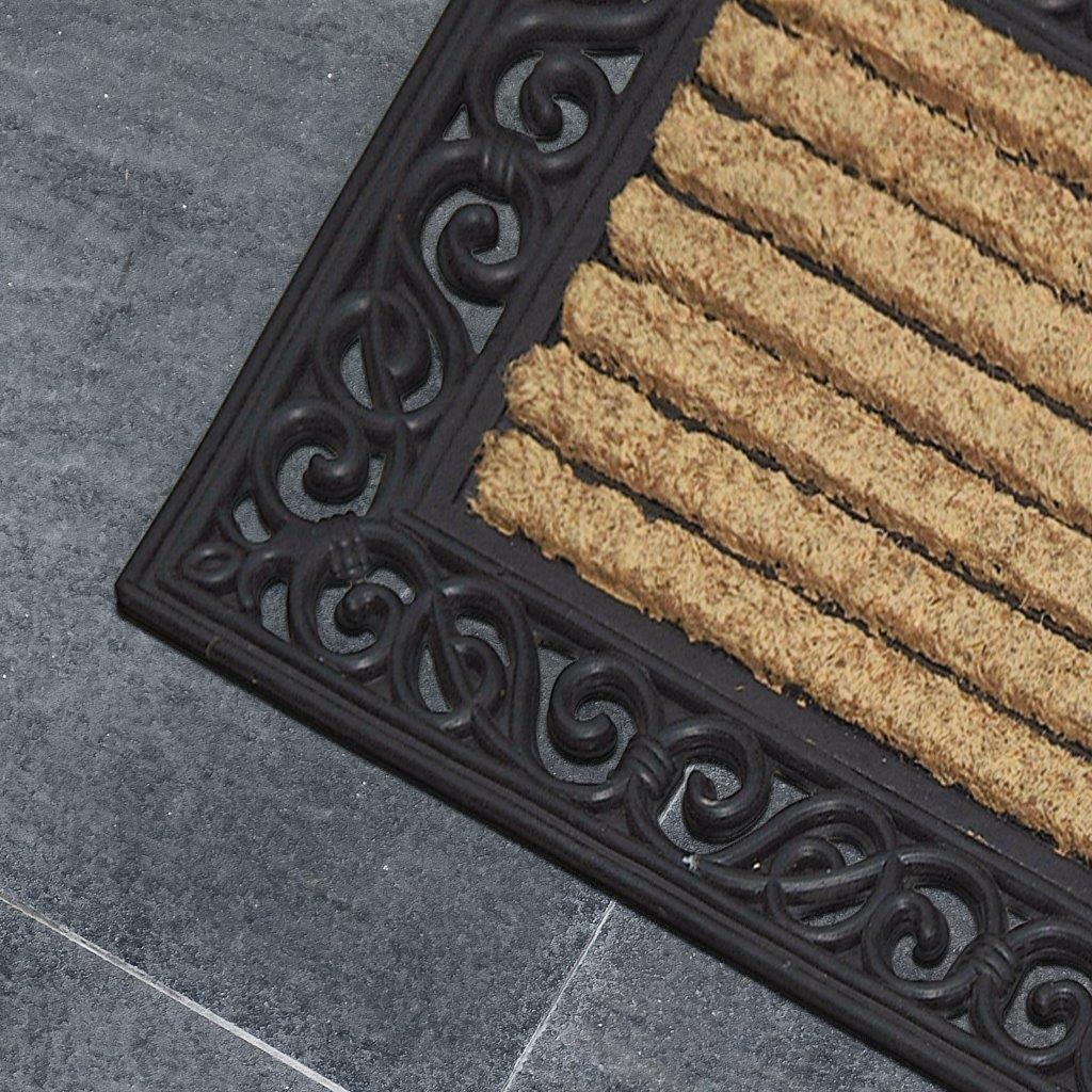 Home Front Door Heavy Duty Ribbed Coir Black Rubber Scroll Mat 75cm x