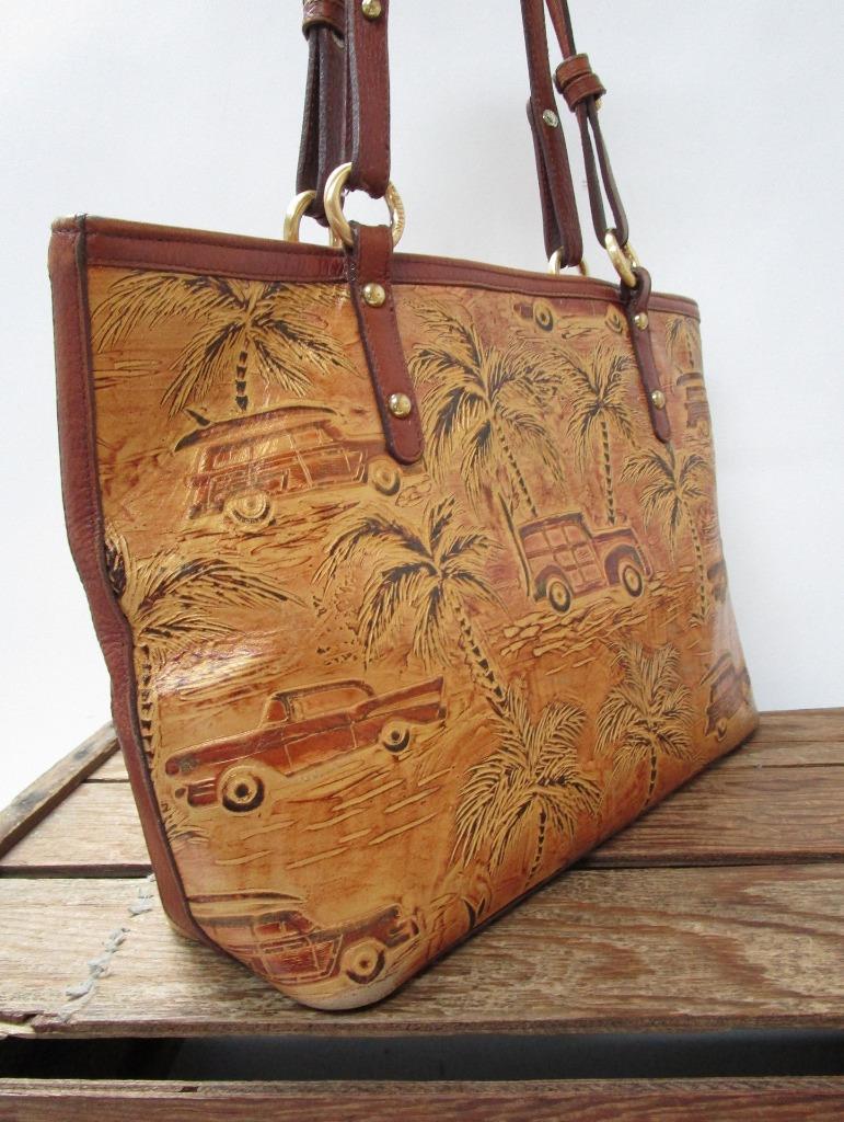 BRAHMIN Woody Car Print Leather Copper Copa Cabana Alden Tote Bag Zipper Purse eBay