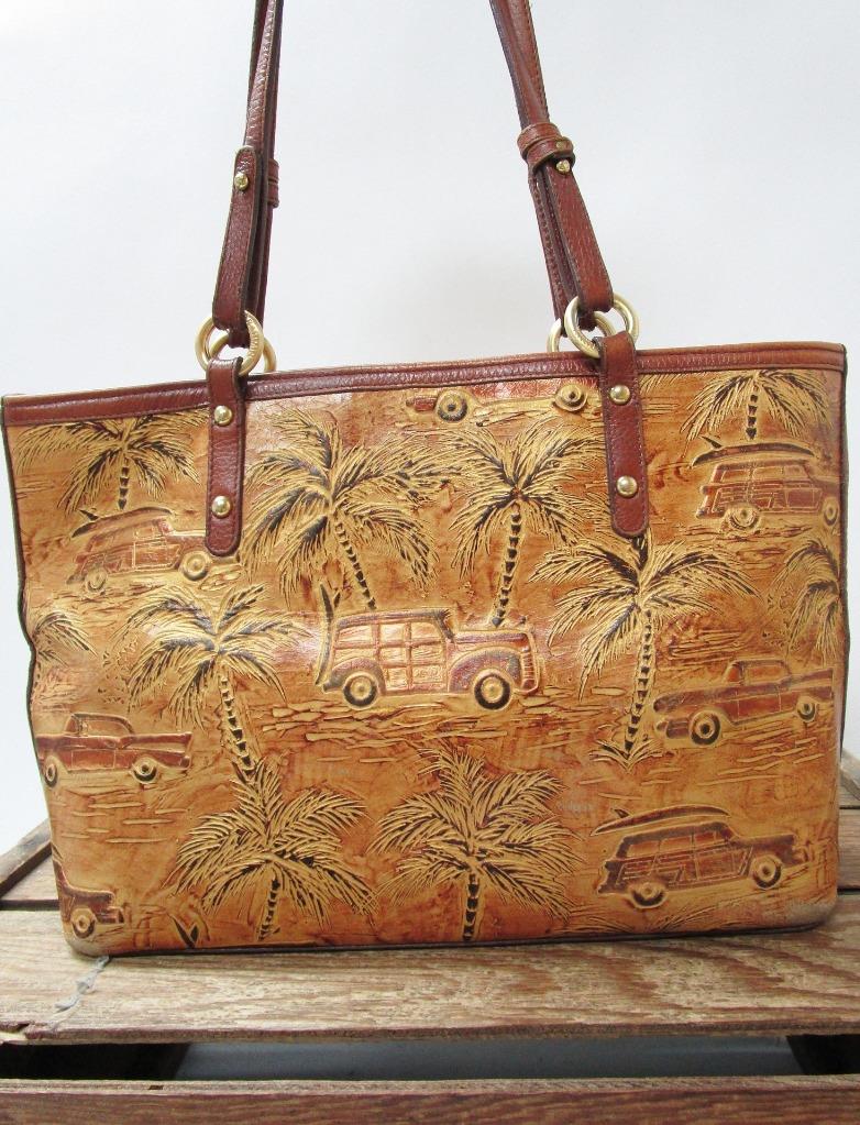 BRAHMIN Woody Car Print Leather Copper Copa Cabana Alden Tote Bag