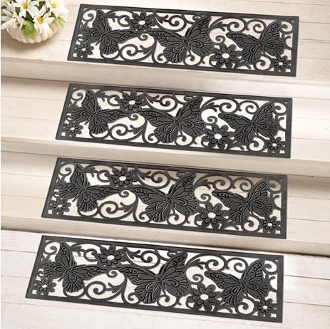 Set Of 4 Butterfly Scroll Pattern Black Rubber Outdoor Stair