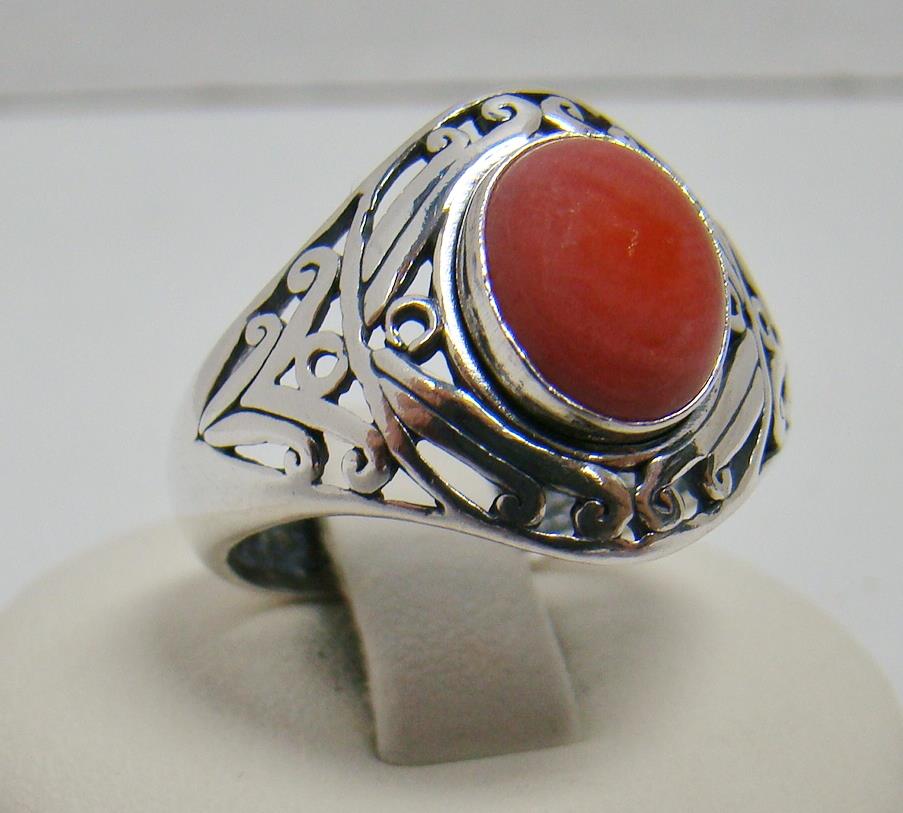 SOLID 925 STERLING SILVER RING SIZE 9.75 RED CORAL OVAL BEZEL SET ...