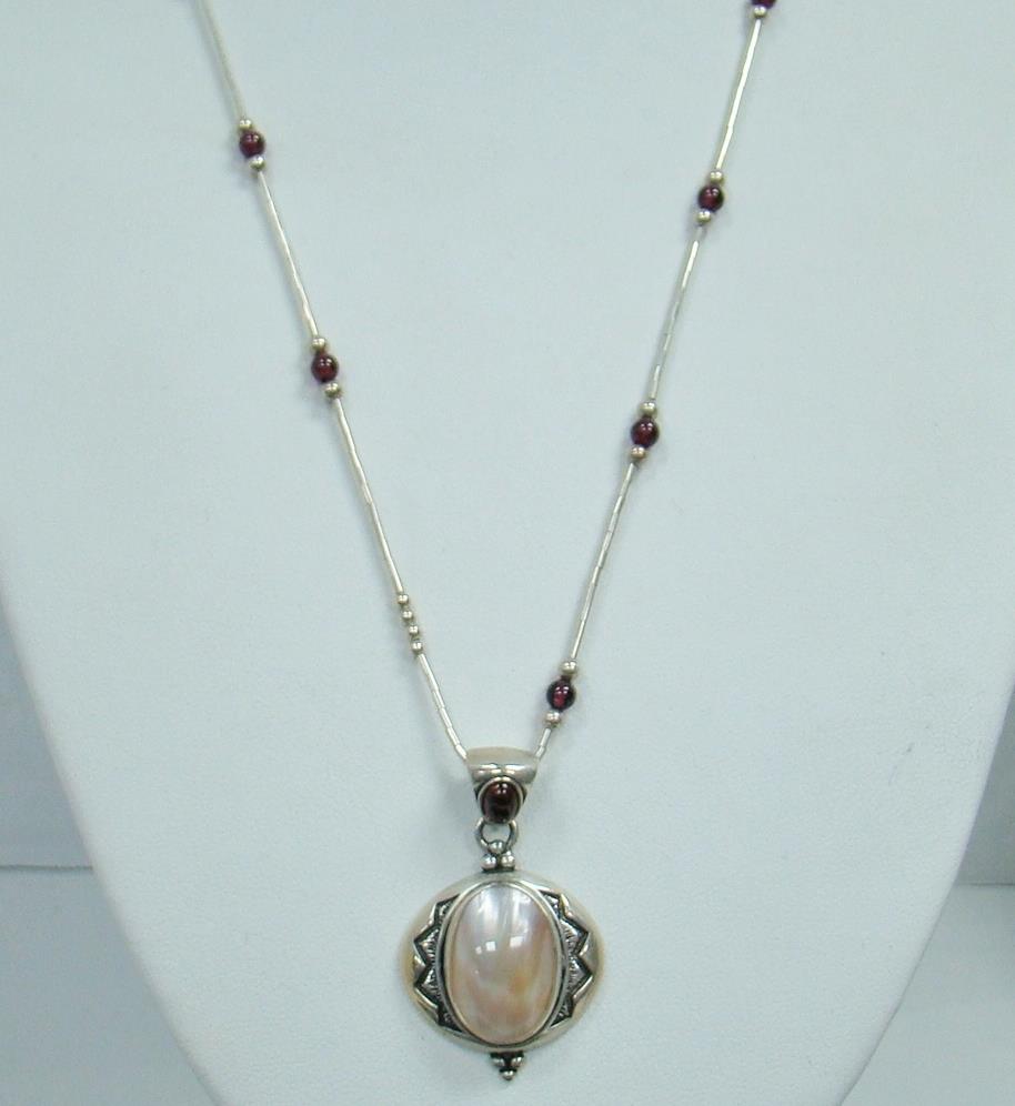 CAROLYN POLLACK CP RELIOS OVAL MOTHER OF PEARL PENDANT & GARNET CHAIN ...