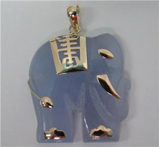 14K YELLOW GOLD LIGHT PURPLE LAVENDER JADE ELEPHANT PENDANT 1.30" X .95