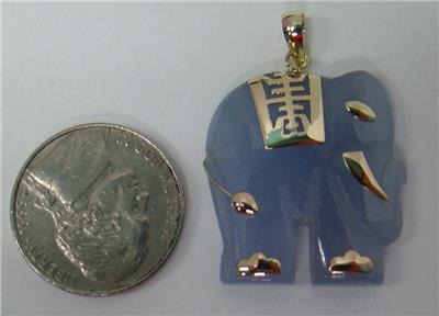 14K YELLOW GOLD LIGHT PURPLE LAVENDER JADE ELEPHANT PENDANT 1.30" X .95