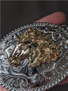 vintage EQUESTRIAN belt buckle HORSE chrome STALLION mustang 