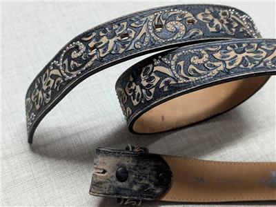 vintage JUSTIN buckle belt 34 leather TOOLED floral WESTERN  display picture 1