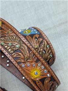 vintage STUDDED buckle belt WESTERN rhinestone 34 floral  display picture 1