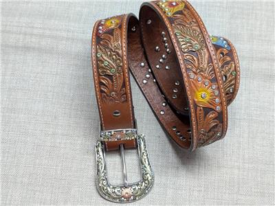 Y2K Wide Rhinestone Studded Western Leather Belt Brown Tooled L 34‎ B-low USA VINTAGE western belt belt 34 STUDDED TOOLED leather y2k  main image 4