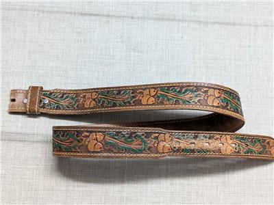 vintage TOOLED buckle belt ACORNS handcrafted 38 cowhide  display picture 3