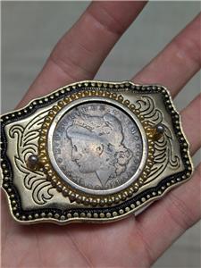 1885 vintage MORGAN silver dollar WESTERN belt buckle COIN  display picture 1