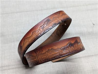 vintage TOOLED buckle belt HORSES cowhide leather 34 brown  display picture 3