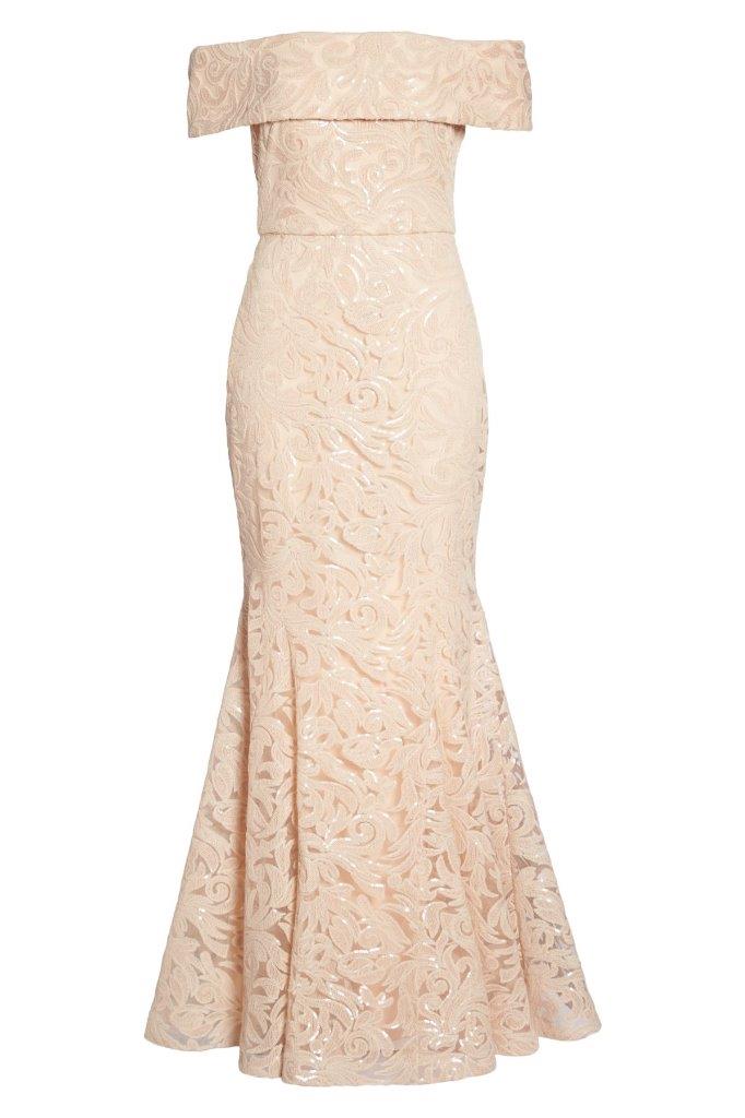 eliza j embroidered lace trumpet gown