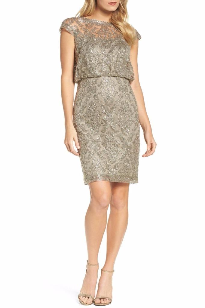 tadashi shoji petite formal dresses Embroidered Metallic Blouson Dress-Size 12 - (LK# 153A) square neck mini dress