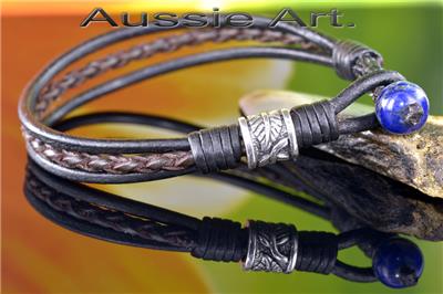 Leather /& Lapis Lazuli Feather Wristband Men Bracelet. 1B-318 Sterling Silver