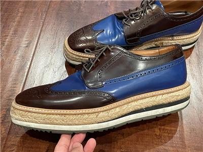 新品PRADA ネイビー オックスフォードシューズ Men Prada Blue Brown Oxford Perforated Leather Platform Lace Up
