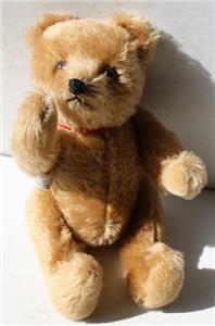 Hermann Teddy Bear Golden Mohair Stitched Nose Red Ribbon