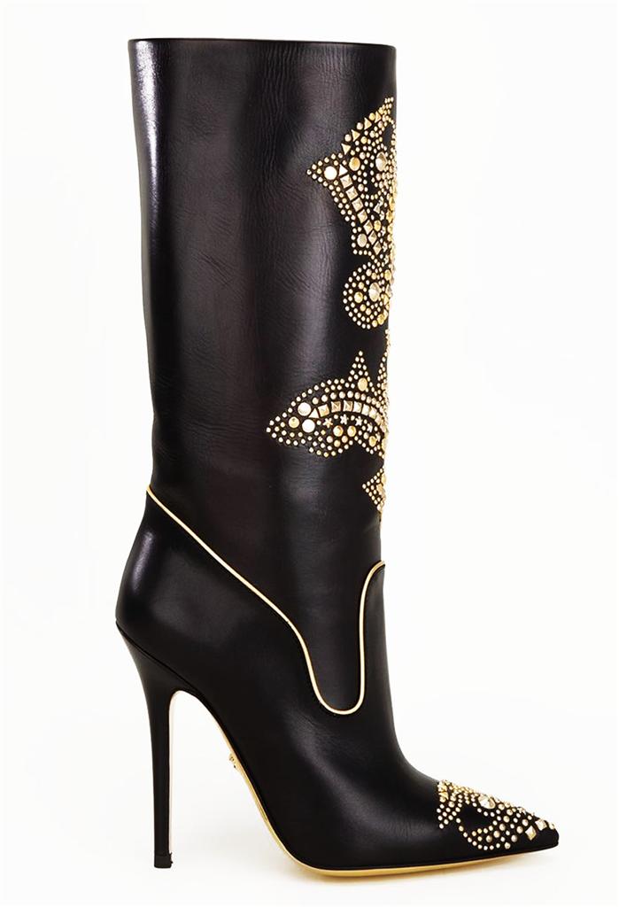 NEW VERSACE WESTERN STYLE GOLD STUDDED STILETTO HEEL BLACK BOOTS 41 ...