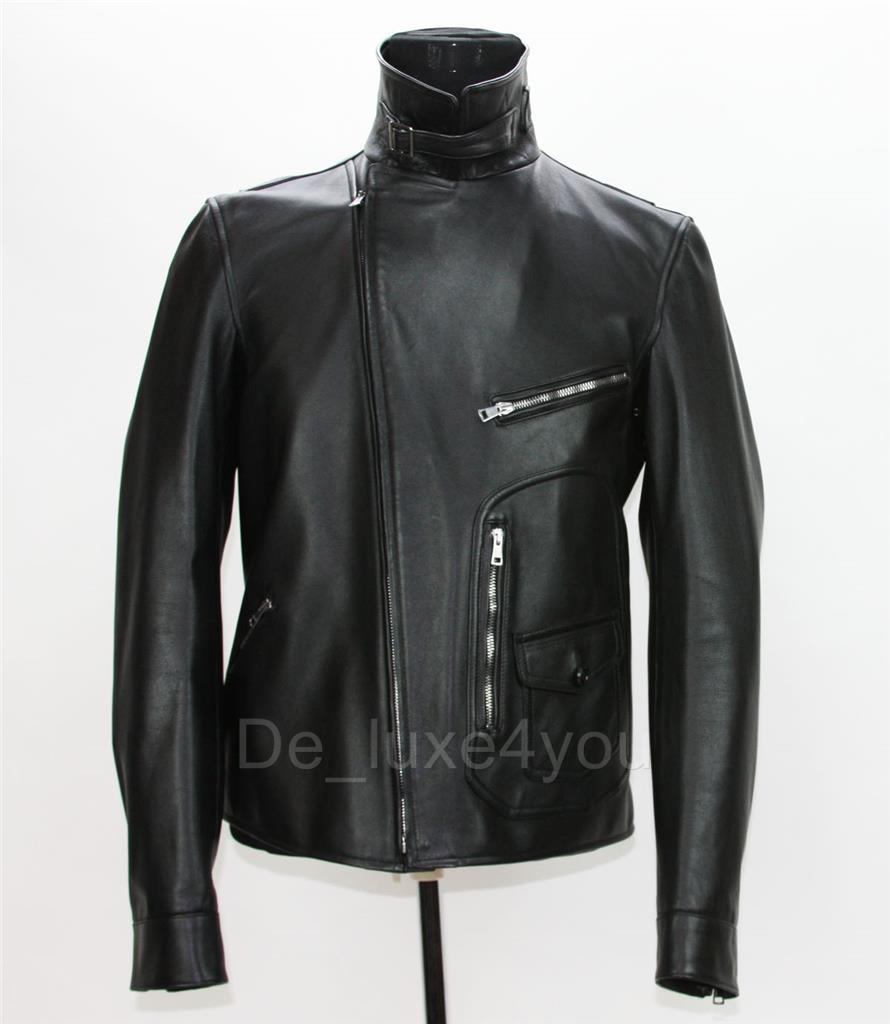 GUCCI ライダースジャケット ブラック NEW GUCCI MEN'S BLACK LEATHER MOTO BIKER JACKET 52 - US 42