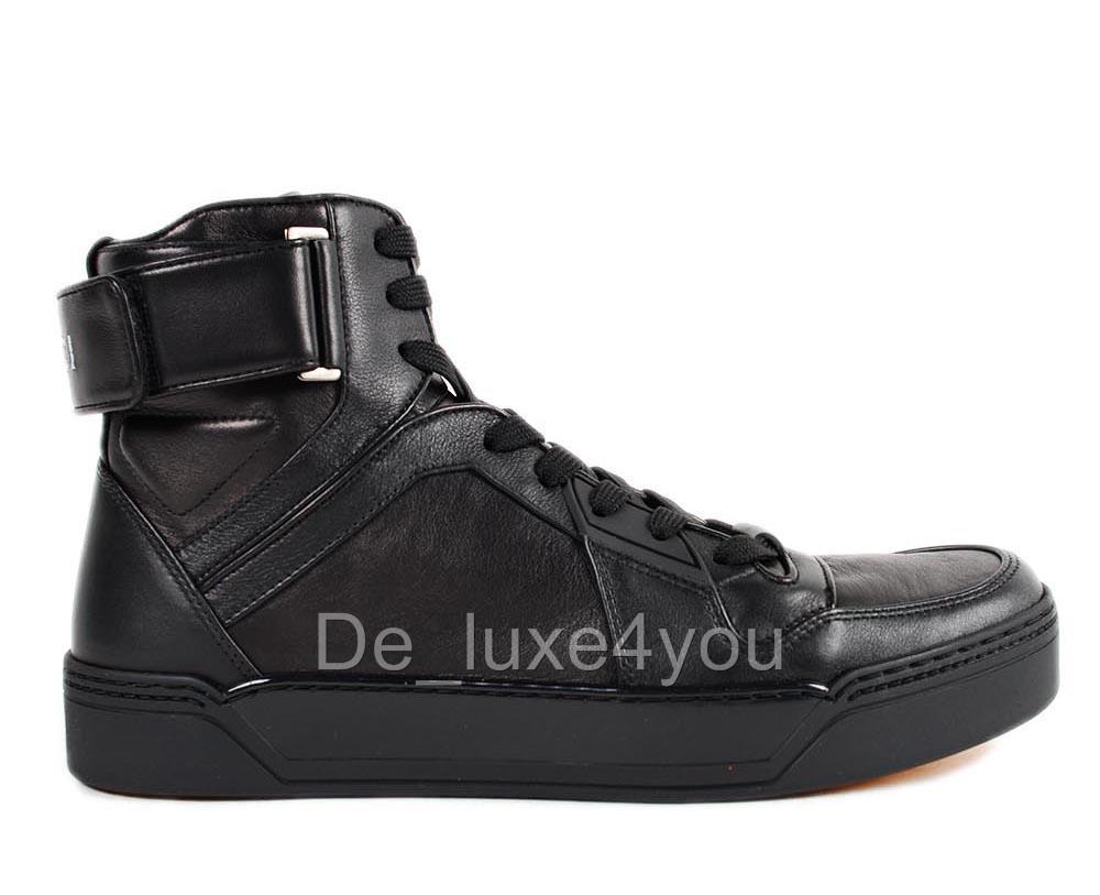 New Gucci Men's High-Top Black Mirosoft Leather Embossed
